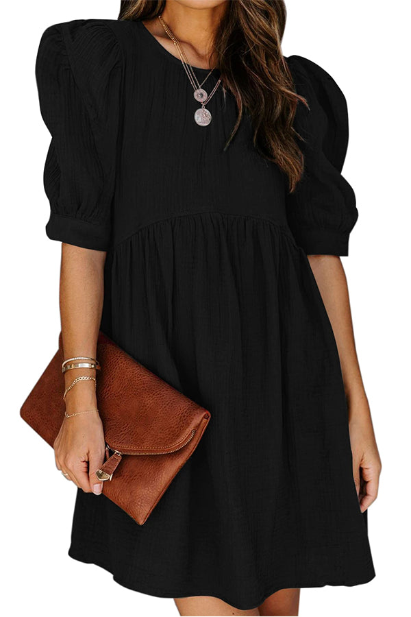 Black Pocketed Puff Sleeve Empire Waist Swing Short Dress