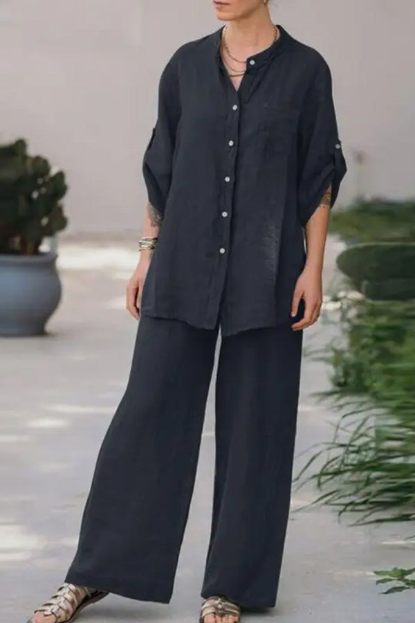 Casual Loose Solid Color Shirt Pants Set