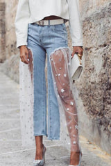 Star Mesh Patchwork Flares Jeans