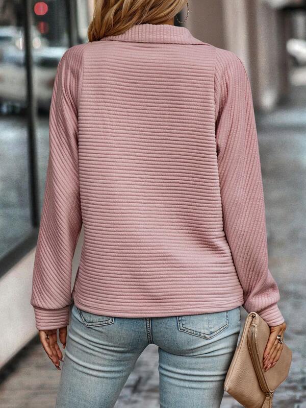 Pink Plain V-Neck Long Sleeve Top