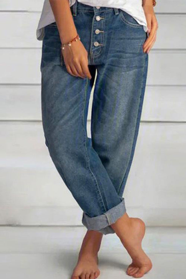 Button Down Cuff Straight Leg Jeans