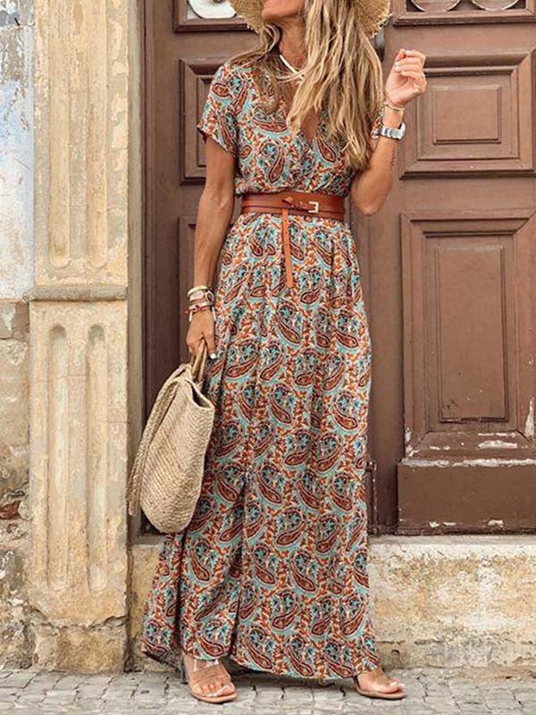 Boho Style V-neck Floral Belt Dress (7 colors)