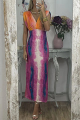 Abstract V-neck tie-dye print slim dress