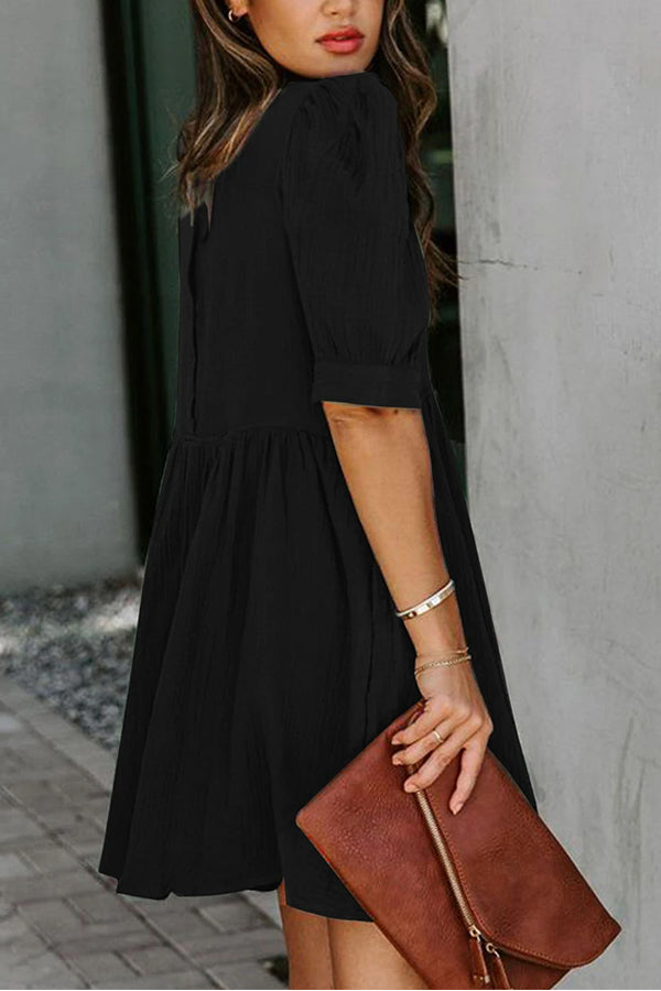 Black Pocketed Puff Sleeve Empire Waist Swing Short Dress