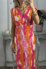 Abstract V-neck color block print slim dress