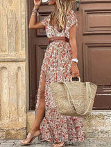 Boho Style V-neck Floral Belt Dress (7 colors)