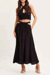 A-line swing skirt high waist hollow solid color skirt