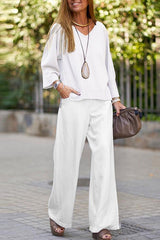 2023 new v-neck long-sleeved shirt spring and autumn casual solid color pants wide-leg suit