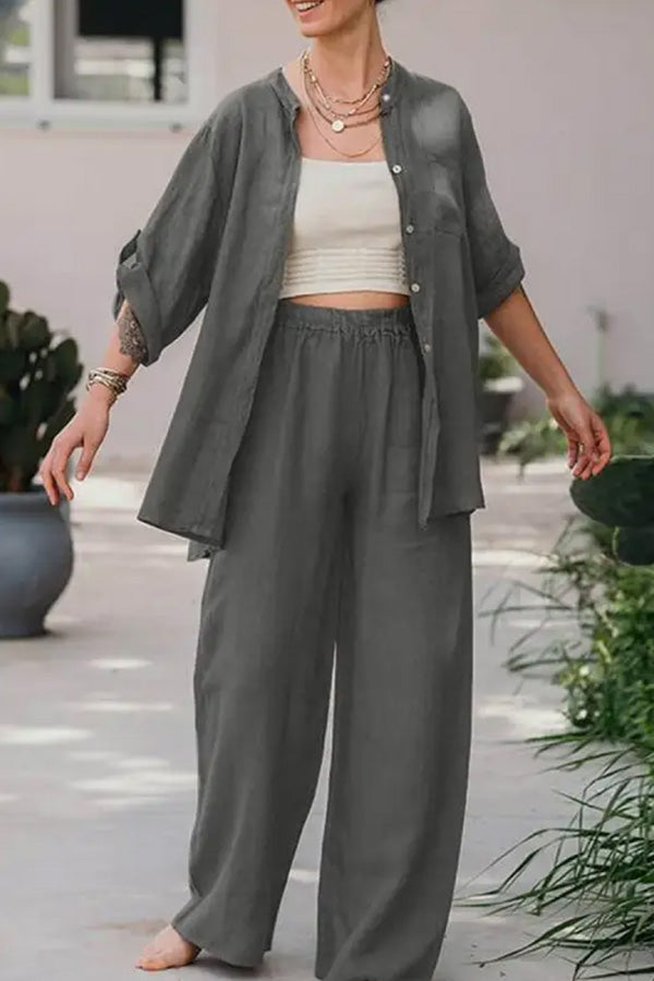 Casual Loose Solid Color Shirt Pants Set