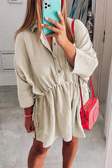 Beige Cotton Solid Color Buttoned Closure Long Sleeve Casual Dress