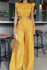 Casual Simplicity Solid Flounce O Neck Regular Jumpsuits