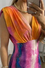 Abstract V-neck tie-dye print slim dress