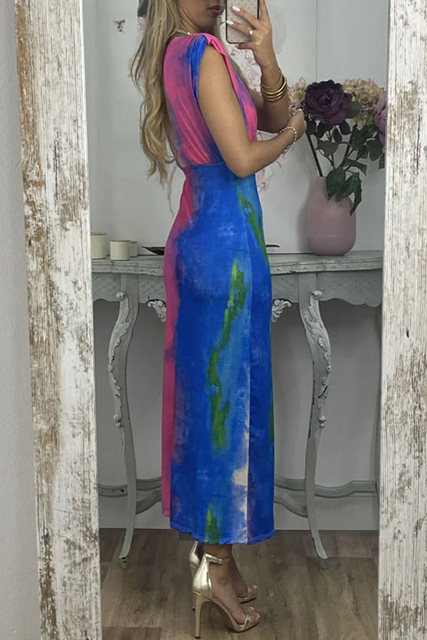 Abstract V-neck tie-dye print slim dress