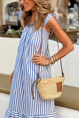 Blue Striped Fly Sleeve Square Neck Loose Resort Dress