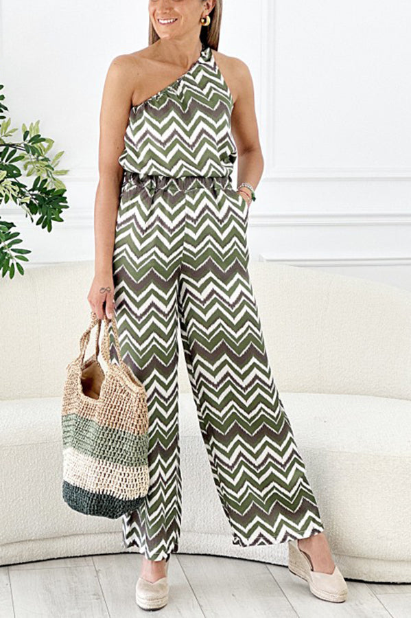 Bellini Brunching Ripple Print One Shoulder Top and Elastic Waist Pocketed Pants Set