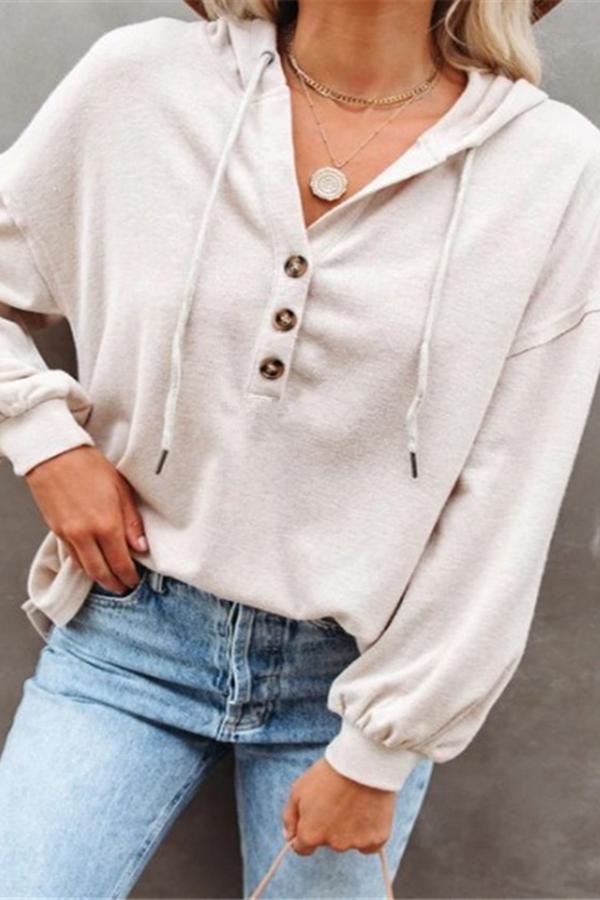 Casual Long Sleeve Hood Buttons Sweatshirt