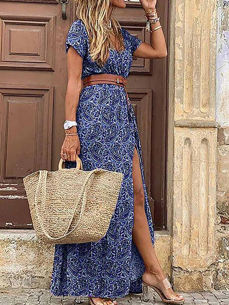 Boho Style V-neck Floral Belt Dress (7 colors)