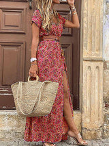 Boho Style V-neck Floral Belt Dress (7 colors)