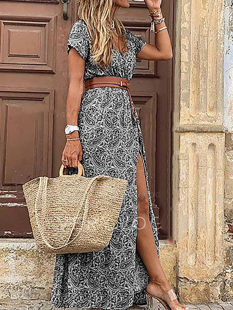 Boho Style V-neck Floral Belt Dress (7 colors)