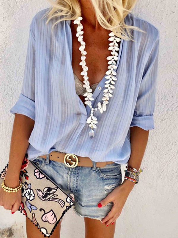 Casual V Neck Button Blouse Tops