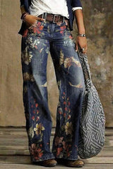 Alison Retro Print Pocketed Loose Jeans