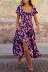 Botanical print puff sleeve A-line dress