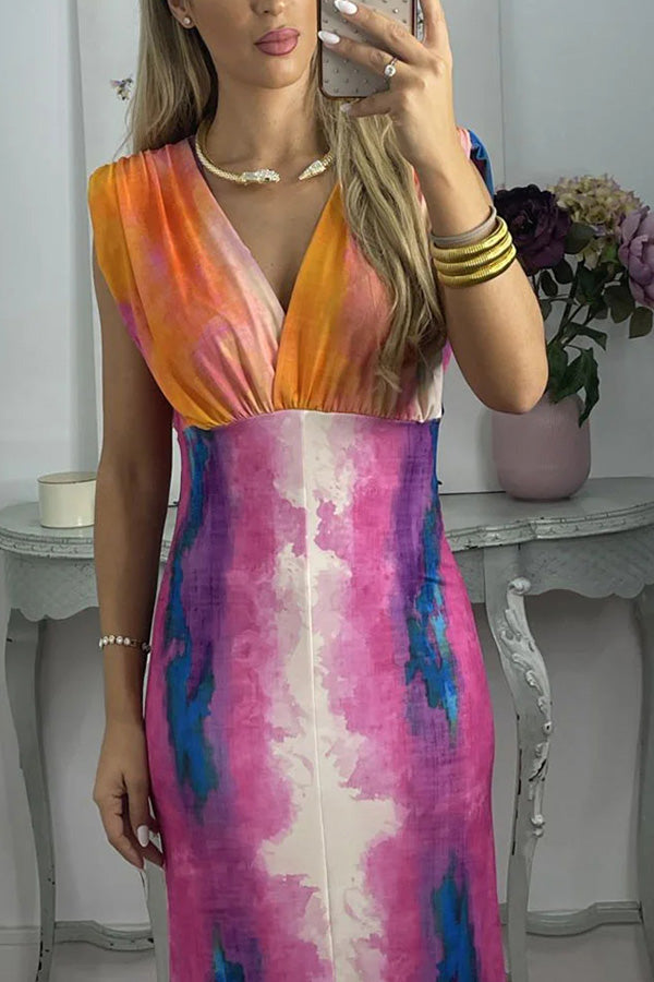 Abstract V-neck tie-dye print slim dress